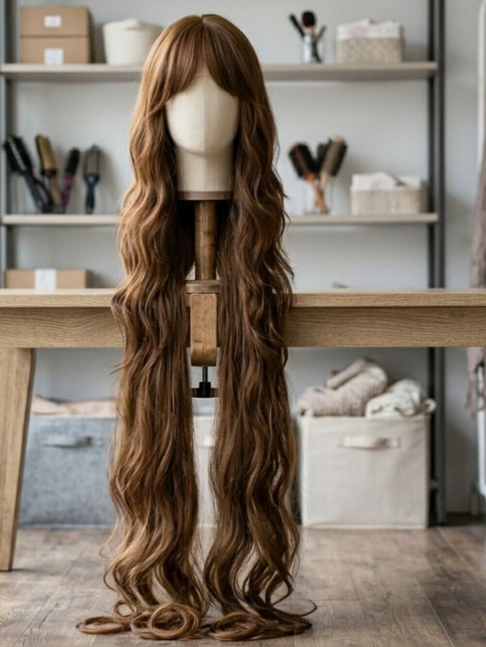 40'Long Wavy Synthic Chestnut Brown  Wig with Fringe - Bangs And Layers.